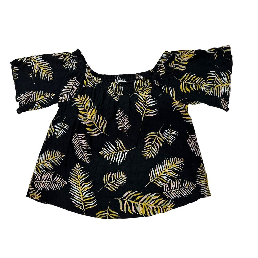 Maurices Womens XL Off Shoulder Blouse Black Leaf Print Short Sleeve